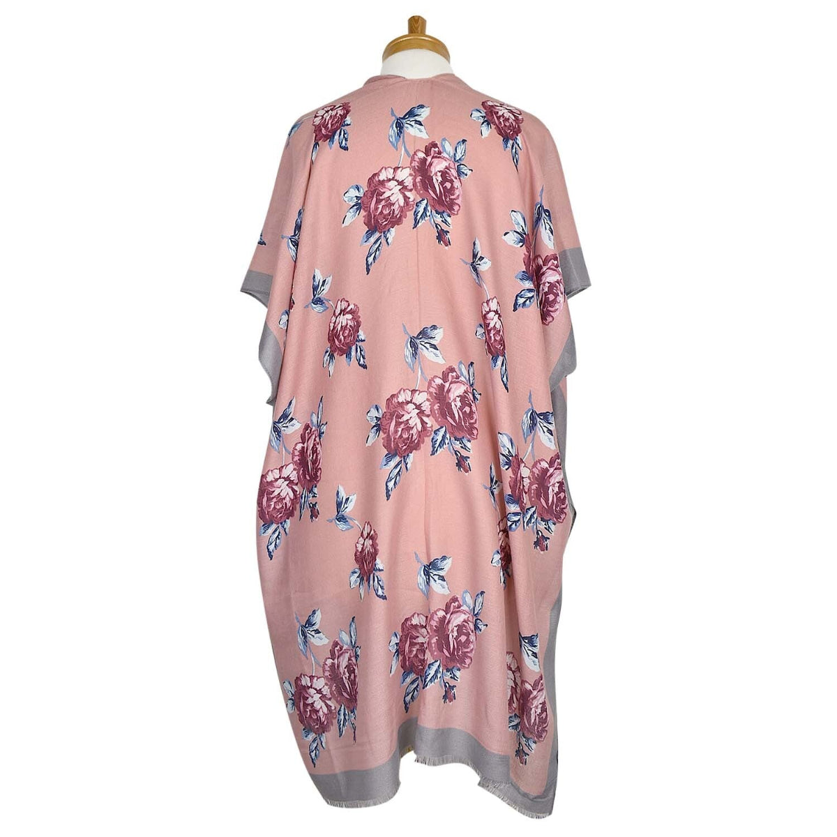 Floral kimono-style garment on a mannequin with a white background