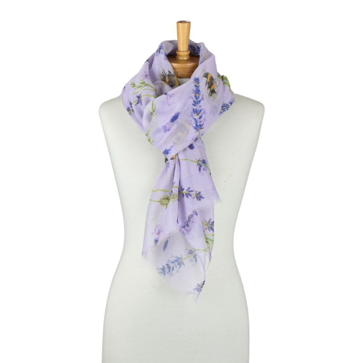 Lavender scarf with floral pattern on a mannequin against a white background