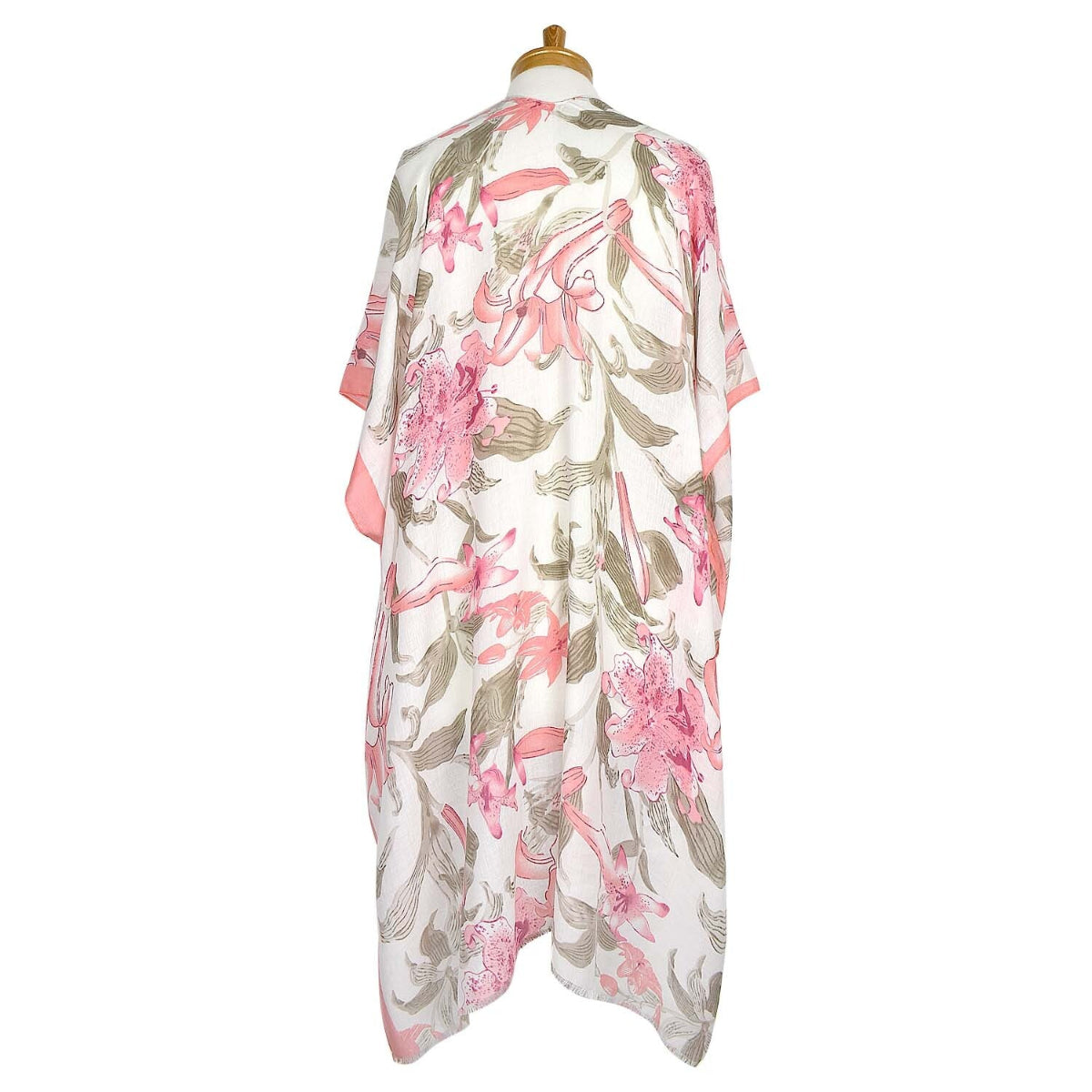 Floral kimono on a mannequin against a white background