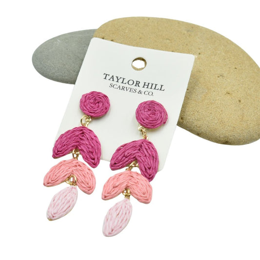 Ladies Pink Raffia Drop Earrings