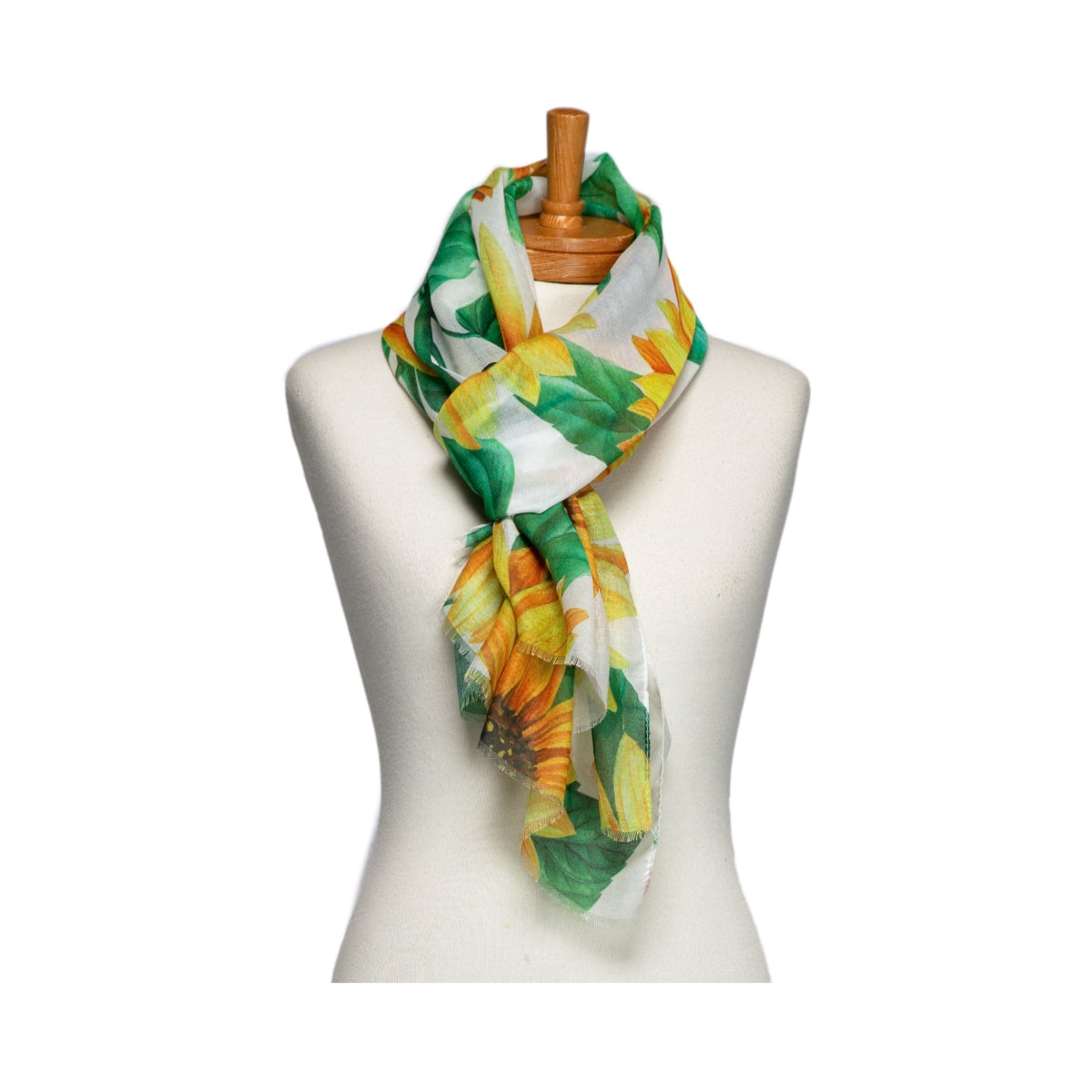 Scarf with floral pattern on a mannequin against a white background