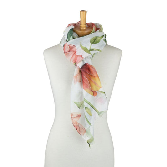 Floral scarf on a mannequin against a white background