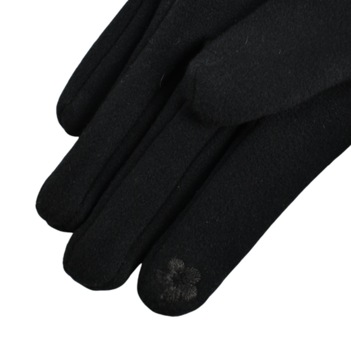 Black gloves with a touch screen finger tip on a white background
