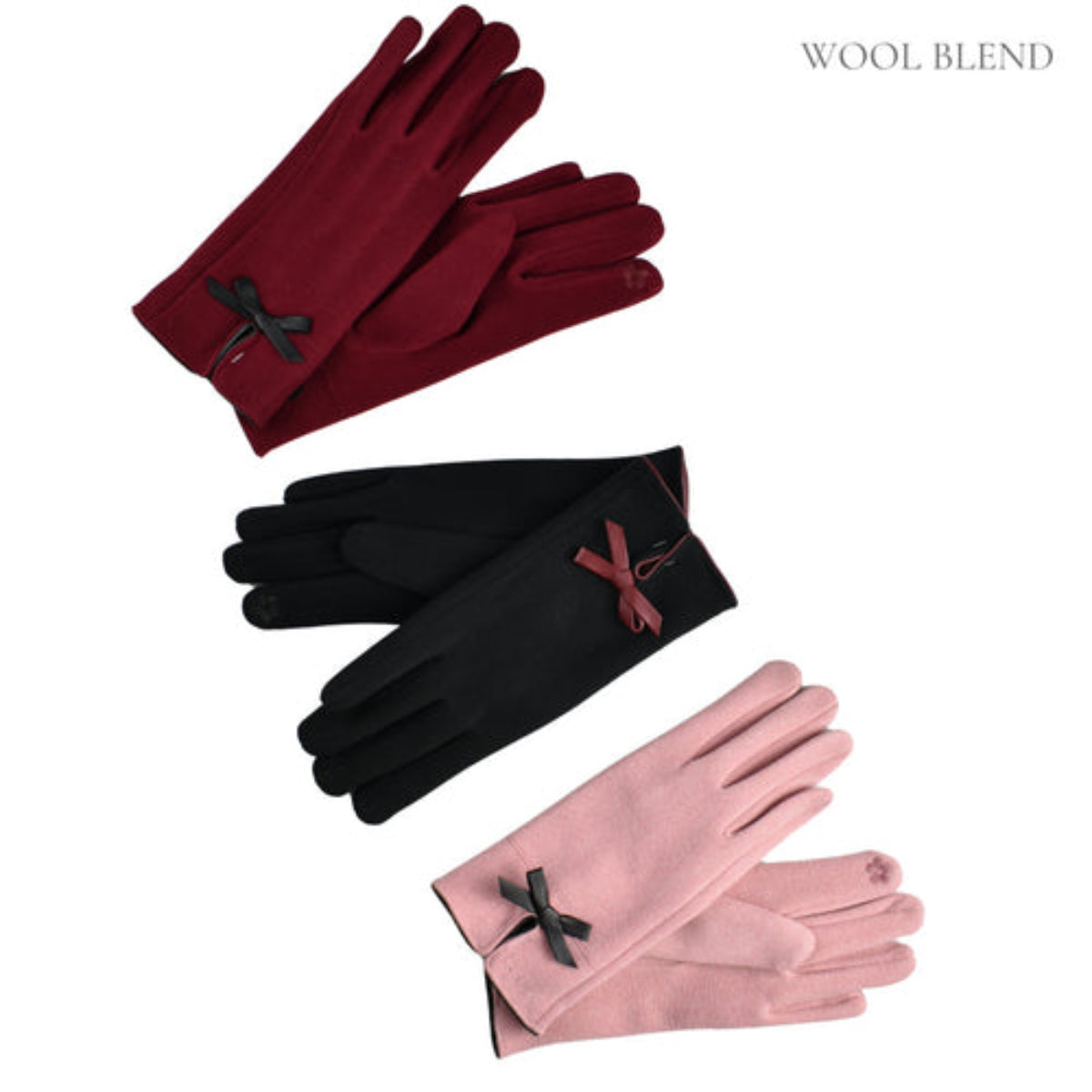 Three pairs of gloves in red, black, and pink with a bow detail on a white background.