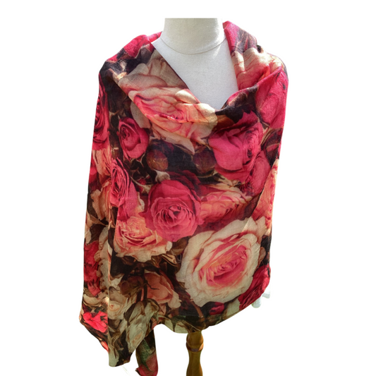 Floral scarf on a mannequin with a white background