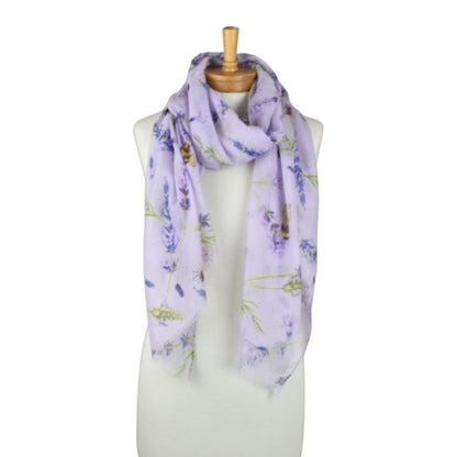 Lavender scarf with floral pattern on a mannequin against a white background