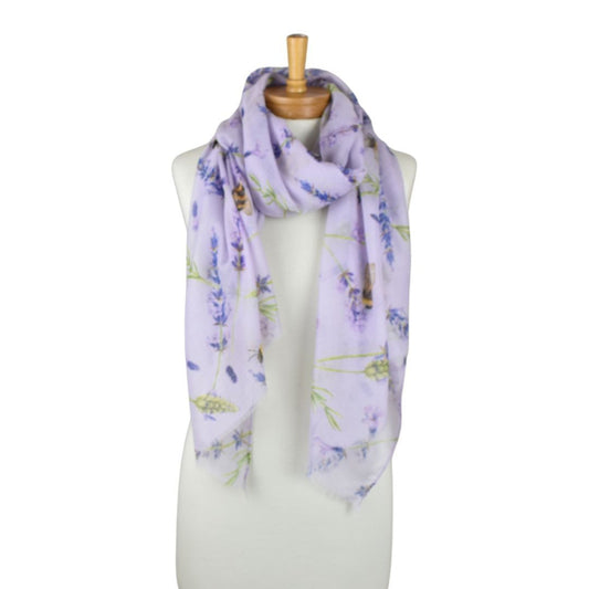 Lavender scarf with floral pattern on a mannequin against a white background