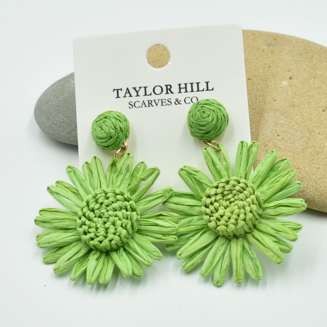 Ladies Green Flower Raffia Drop Earrings