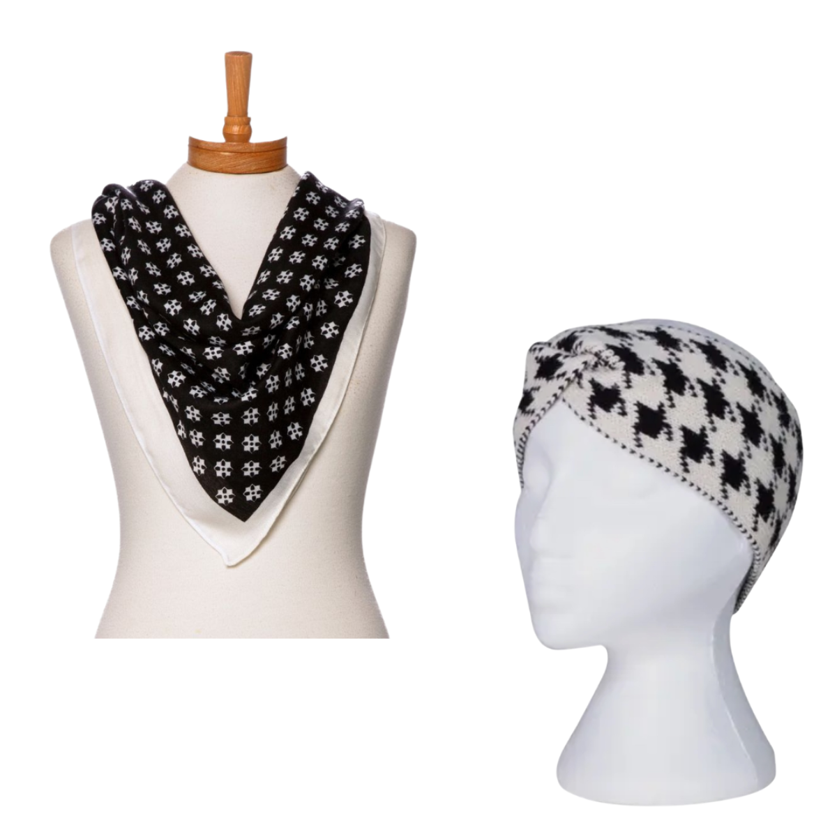 Black and white patterned scarf on a mannequin and headband on a mannequin head against a white background