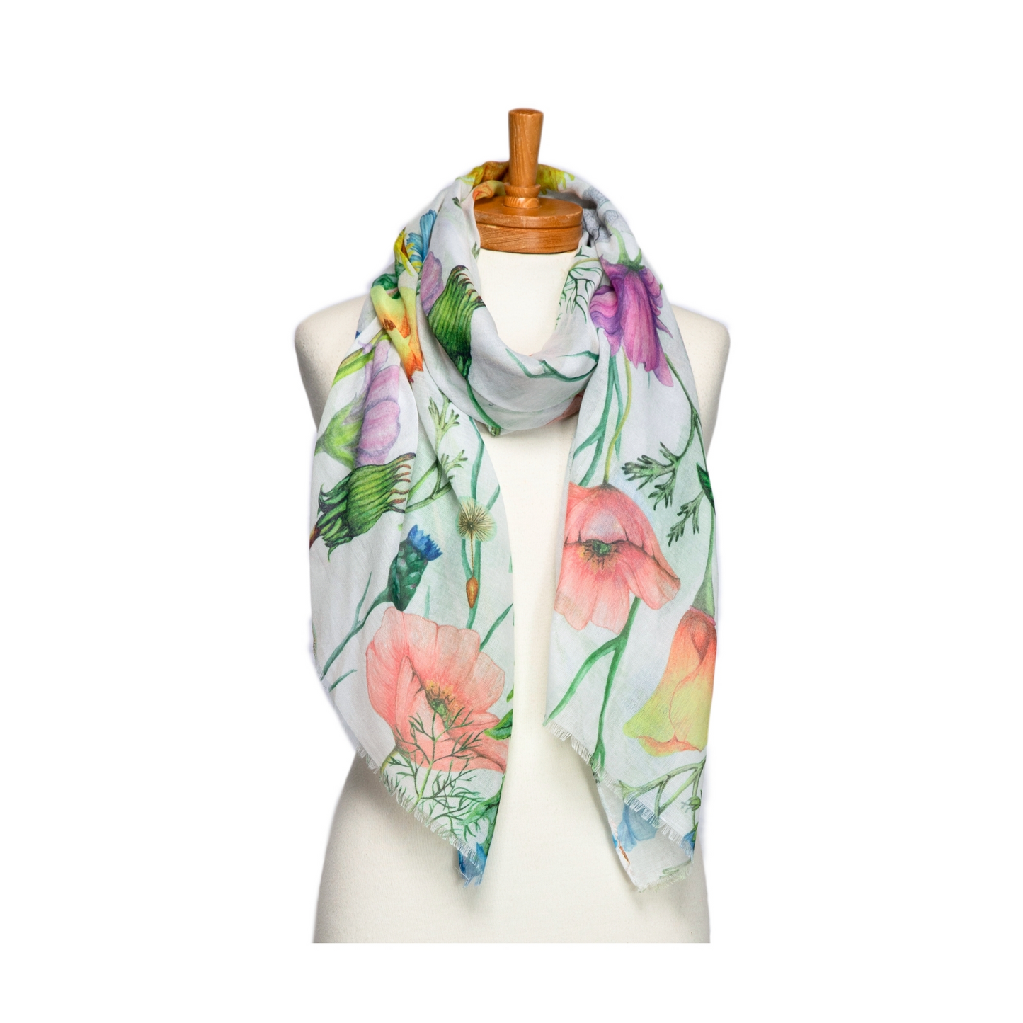 a pretty scarf that has a white background and large multi coloured flowers with butterflies and dragonflies in the design.