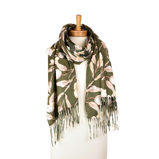 Floral patterned scarf with fringes on a mannequin against a white background