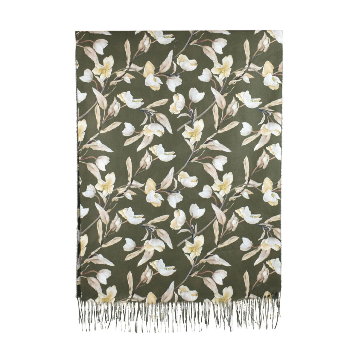 Floral patterned throw blanket with fringes on a green background