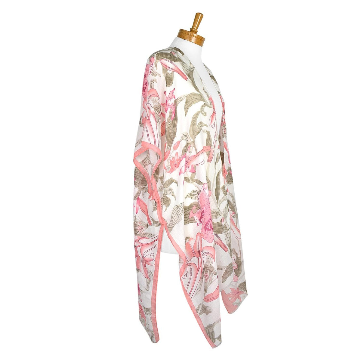 Floral patterned scarf on a mannequin against a white background