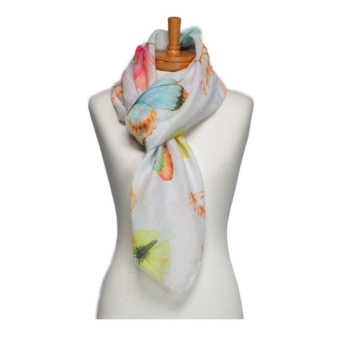 Scarf with butterfly design on a mannequin against a white background