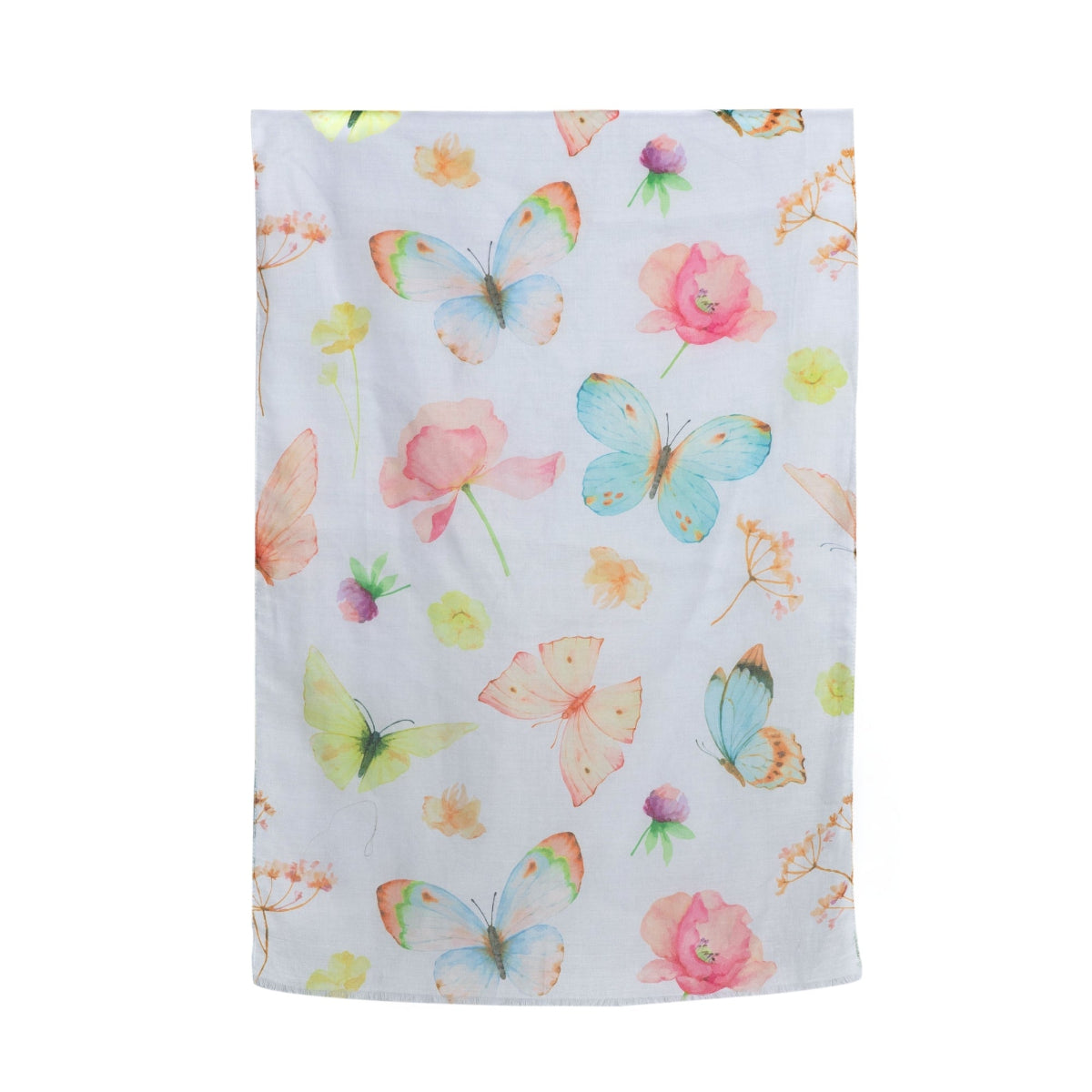 Floral and butterfly patterned scarf on a white background