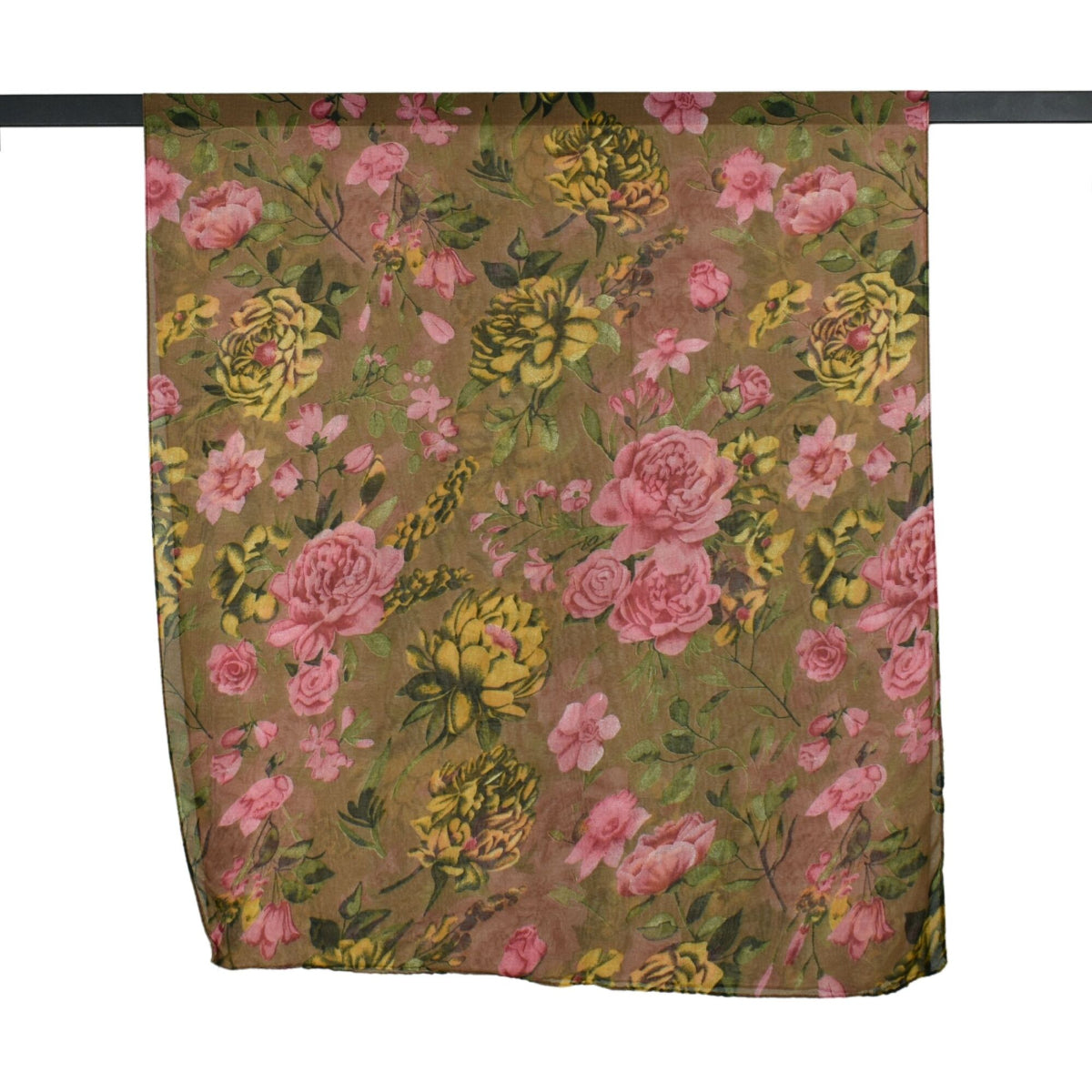 Floral patterned fabric with pink and yellow flowers on a brown background