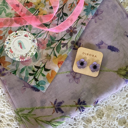 Floral Scarf, flower earrings and floral tissue paper