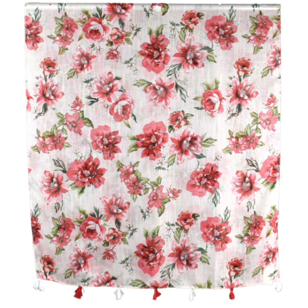 a pale pink ladies scarf that has large pink flowers and sage green leaves