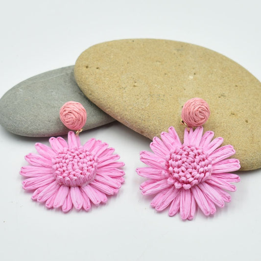 Ladies Pink Flower Raffia Drop Earrings