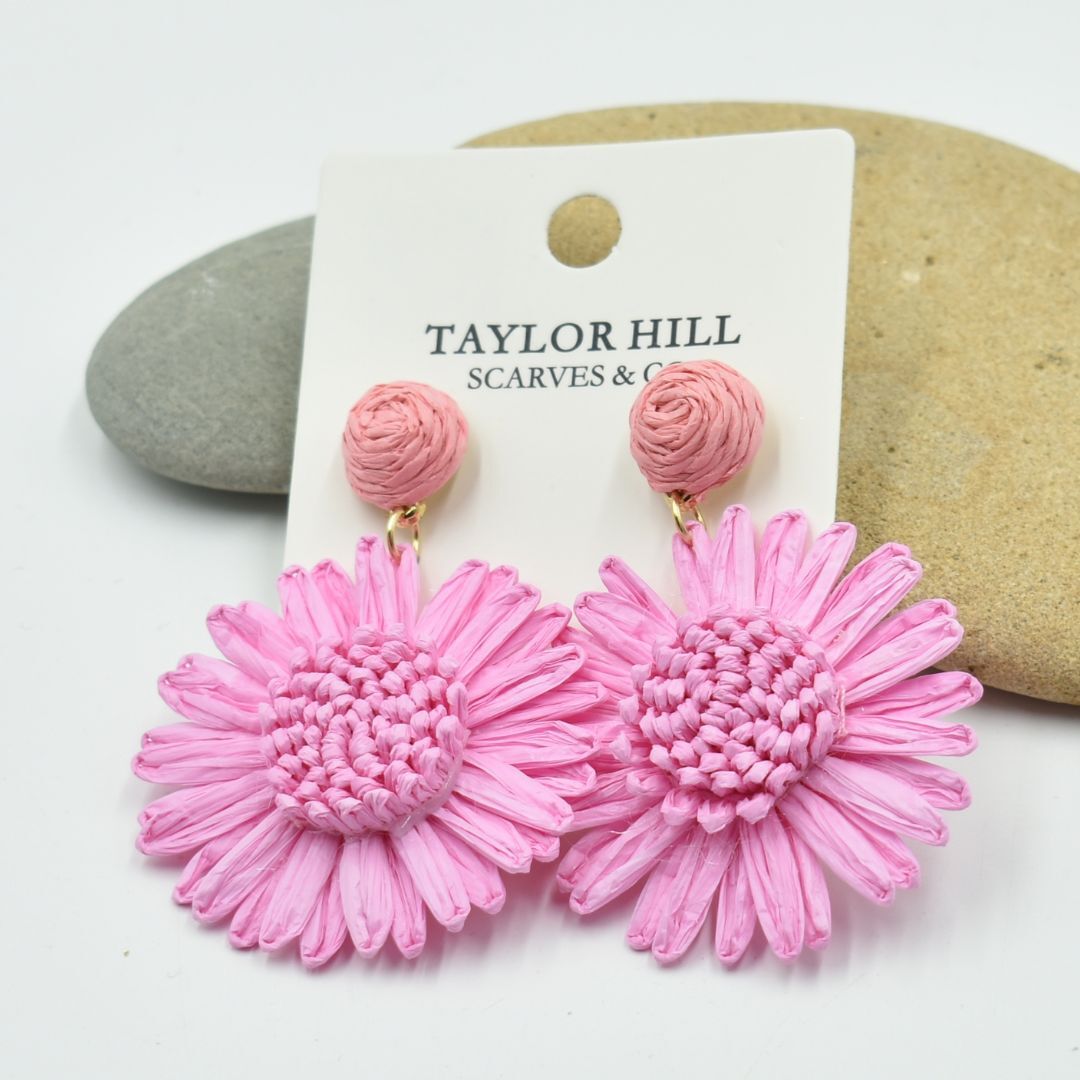 Ladies Pink Flower Raffia Drop Earrings