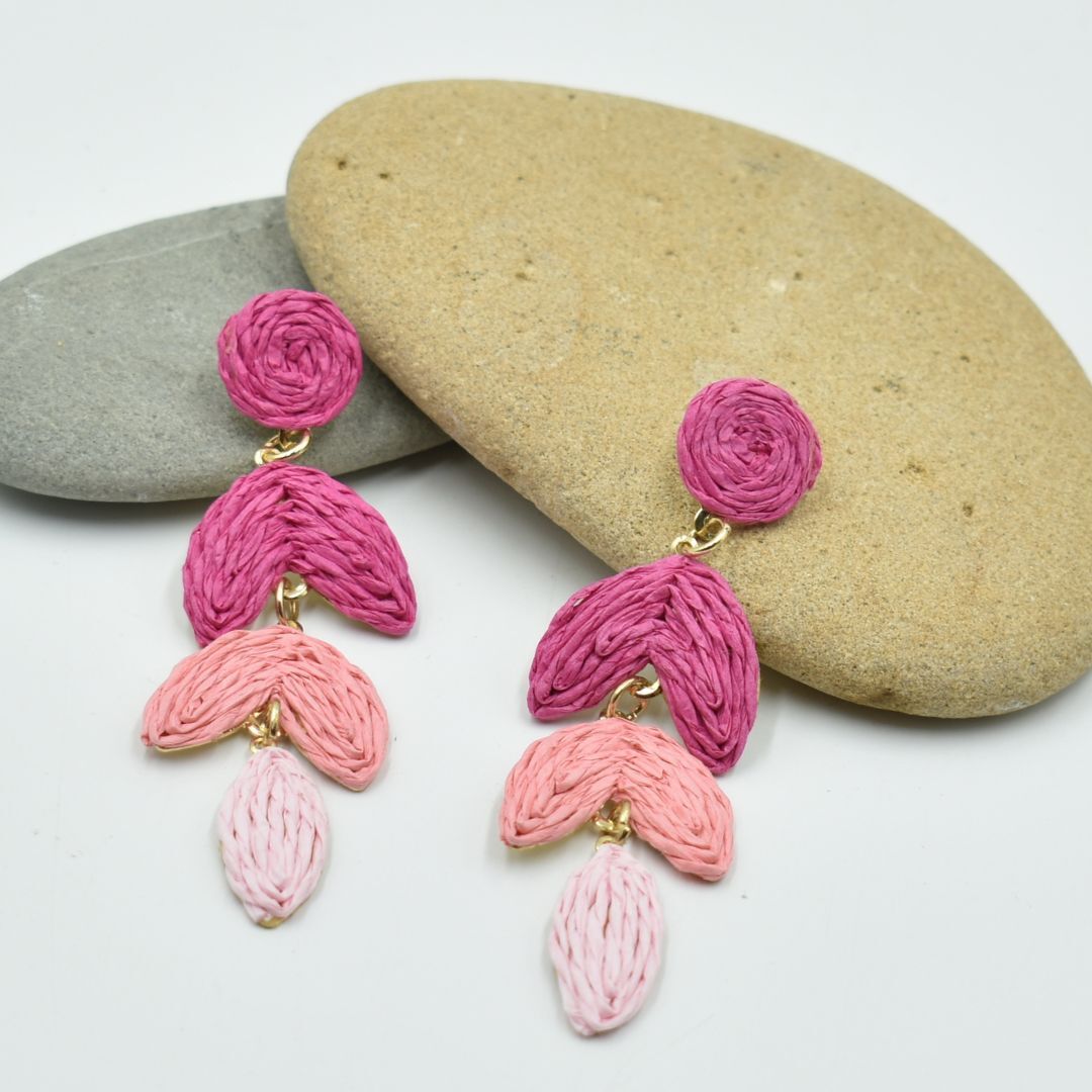 Ladies Pink Raffia Drop Earrings