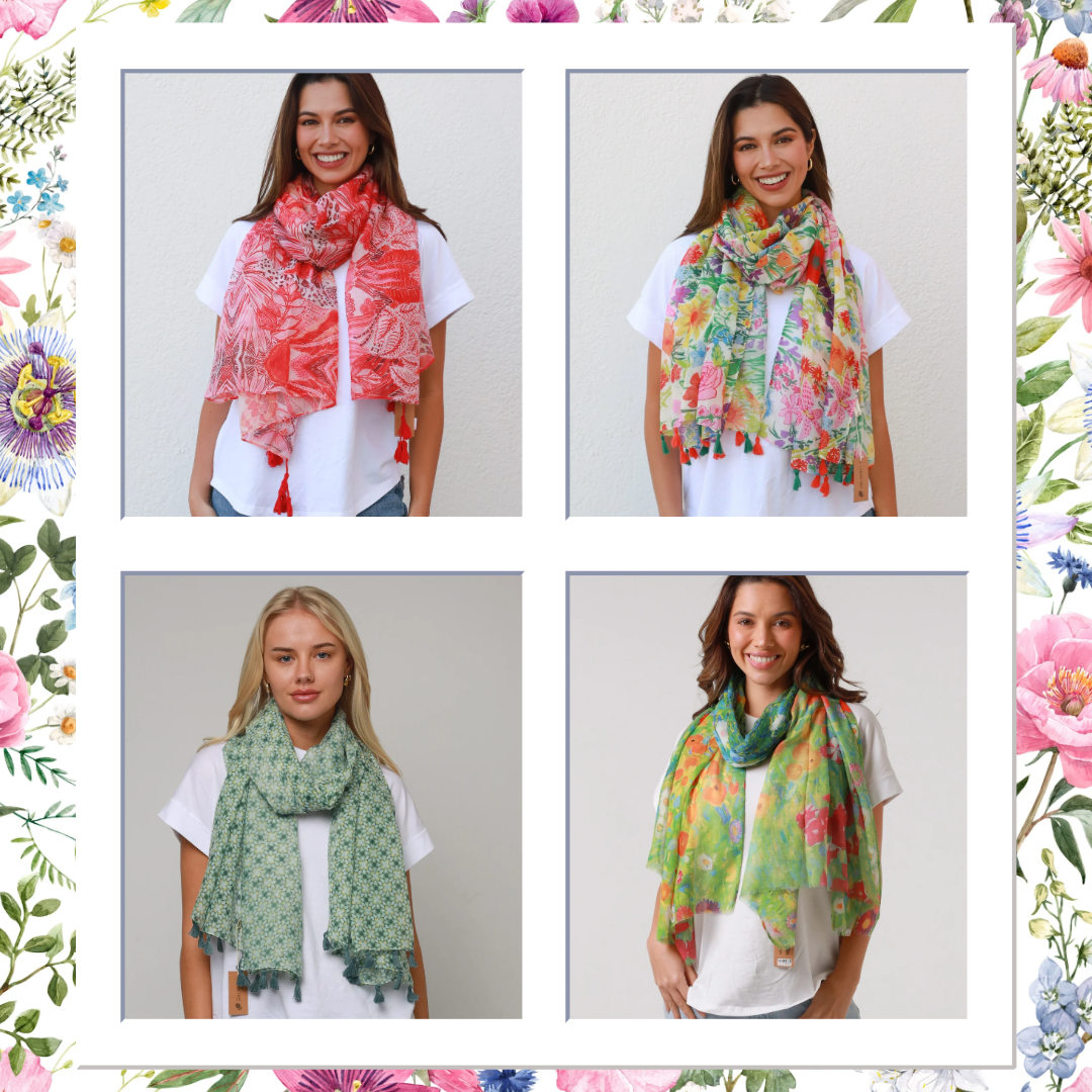 A collage of ladies wearing pretty, floral, spring scarves