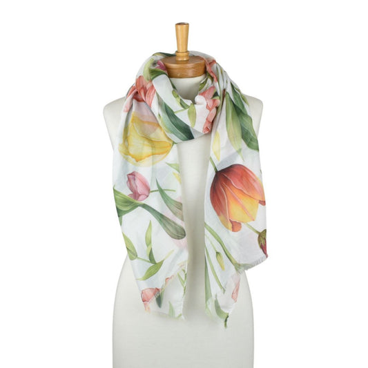 Floral scarf on a mannequin against a white background