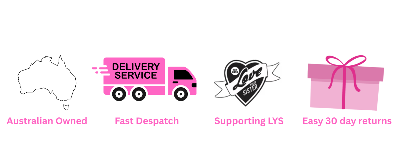 Logos and icons representing delivery service, Australian ownership, support for LYS, and easy returns on a white background.