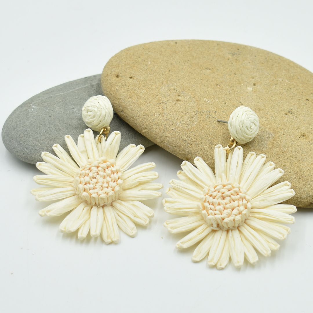 Ladies White Flower Raffia Drop Earrings