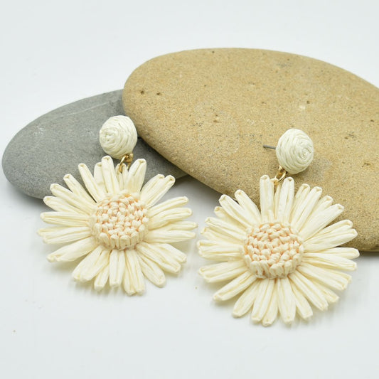 Ladies White Flower Raffia Drop Earrings