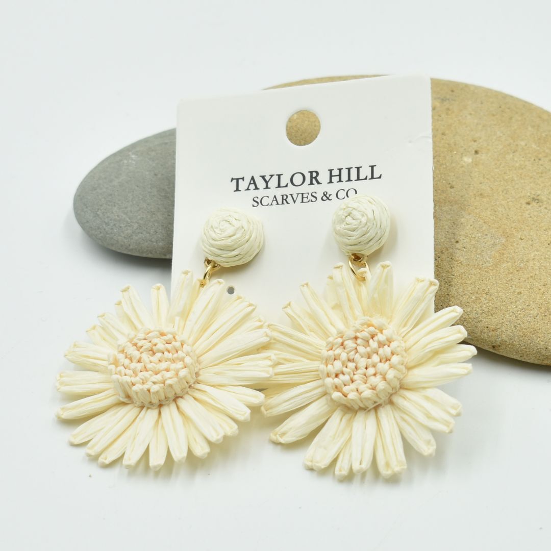 Ladies White Flower Raffia Drop Earrings