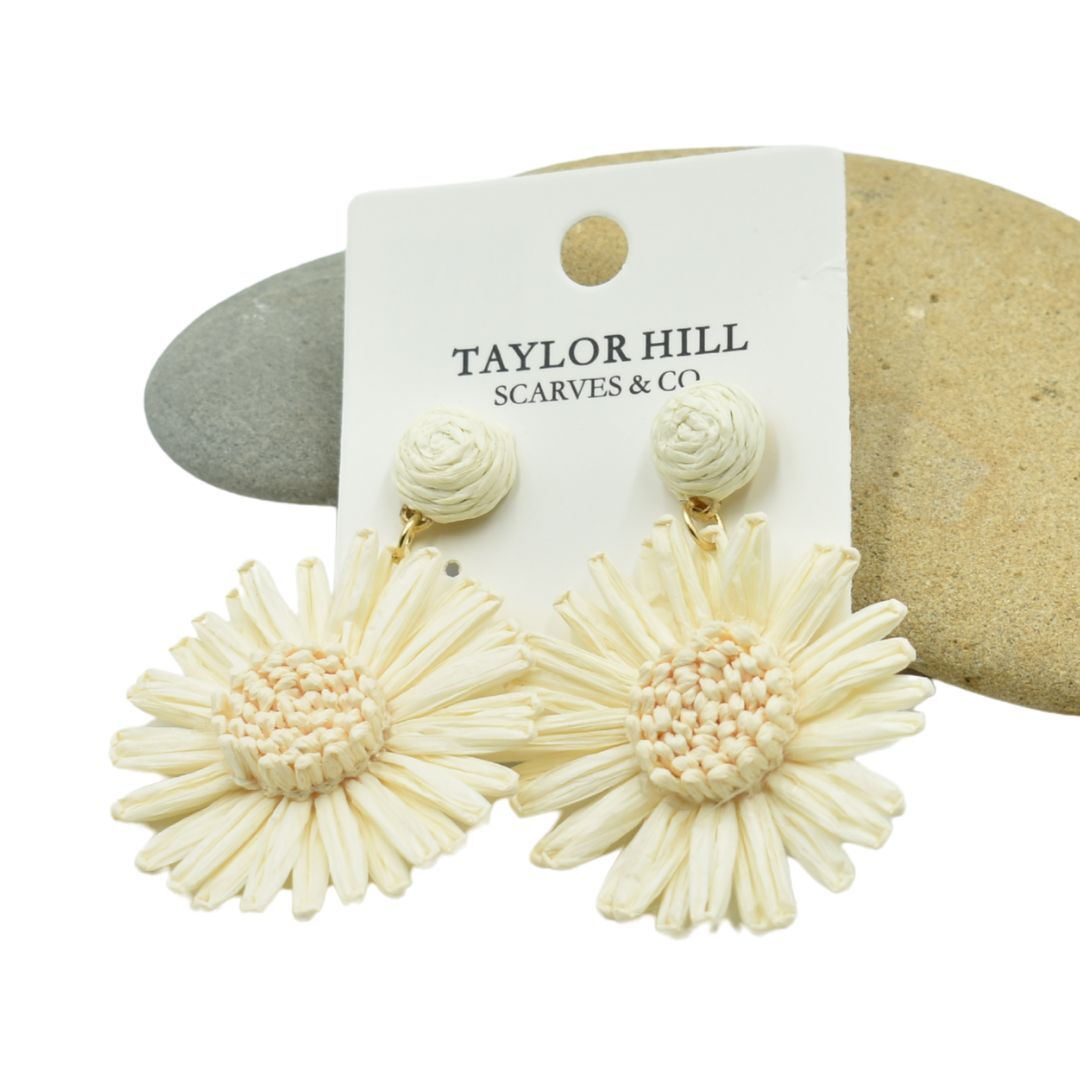 Ladies White Flower Raffia Drop Earrings