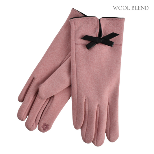 Pair of pink gloves with a black bow on a white background