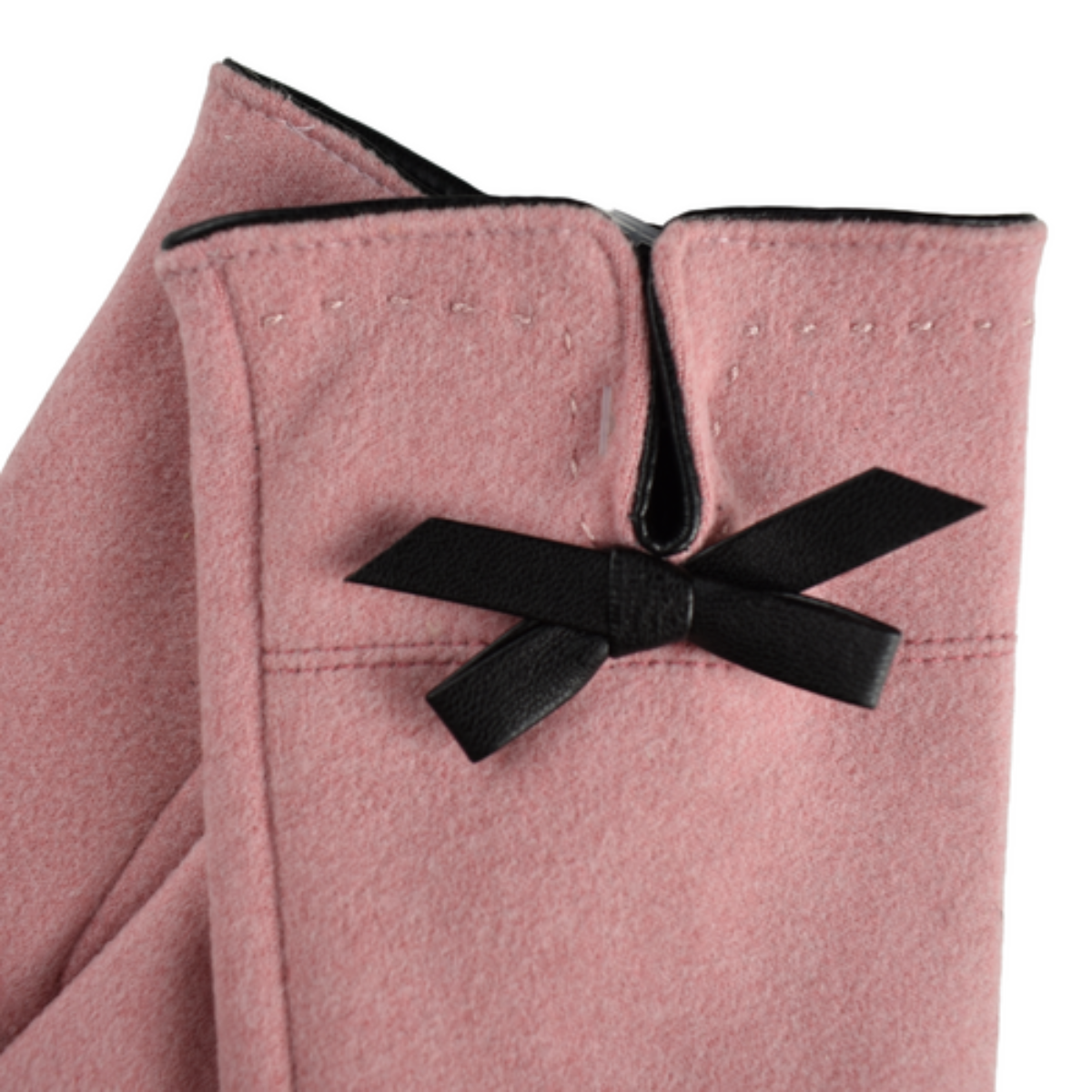 Pink  Ladies winter gloves with a black bow detail on a white background