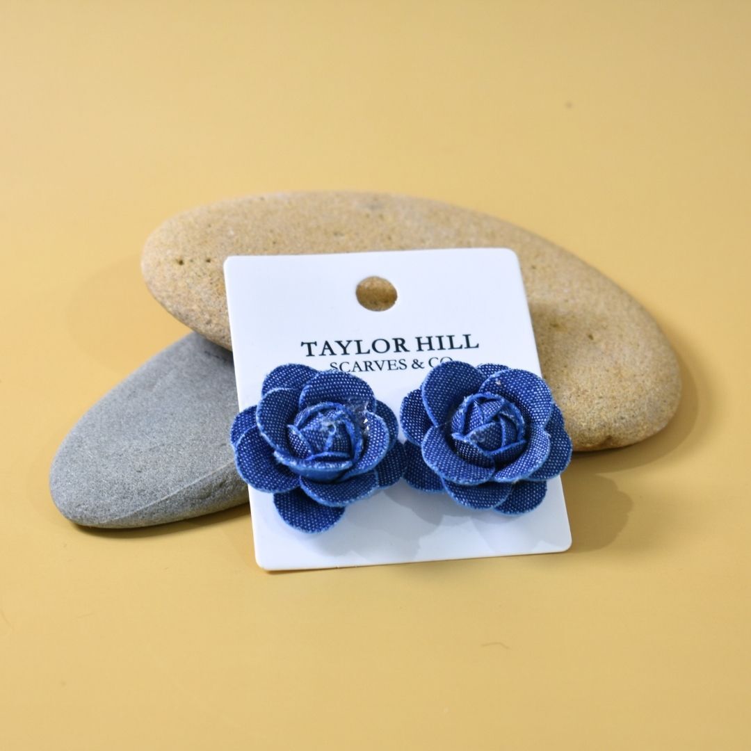 Blue Denim Rose Stud Earrings