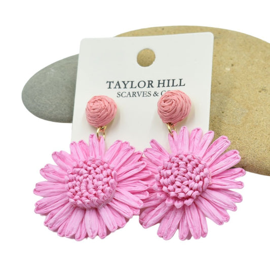 Ladies Pink Flower Raffia Drop Earrings