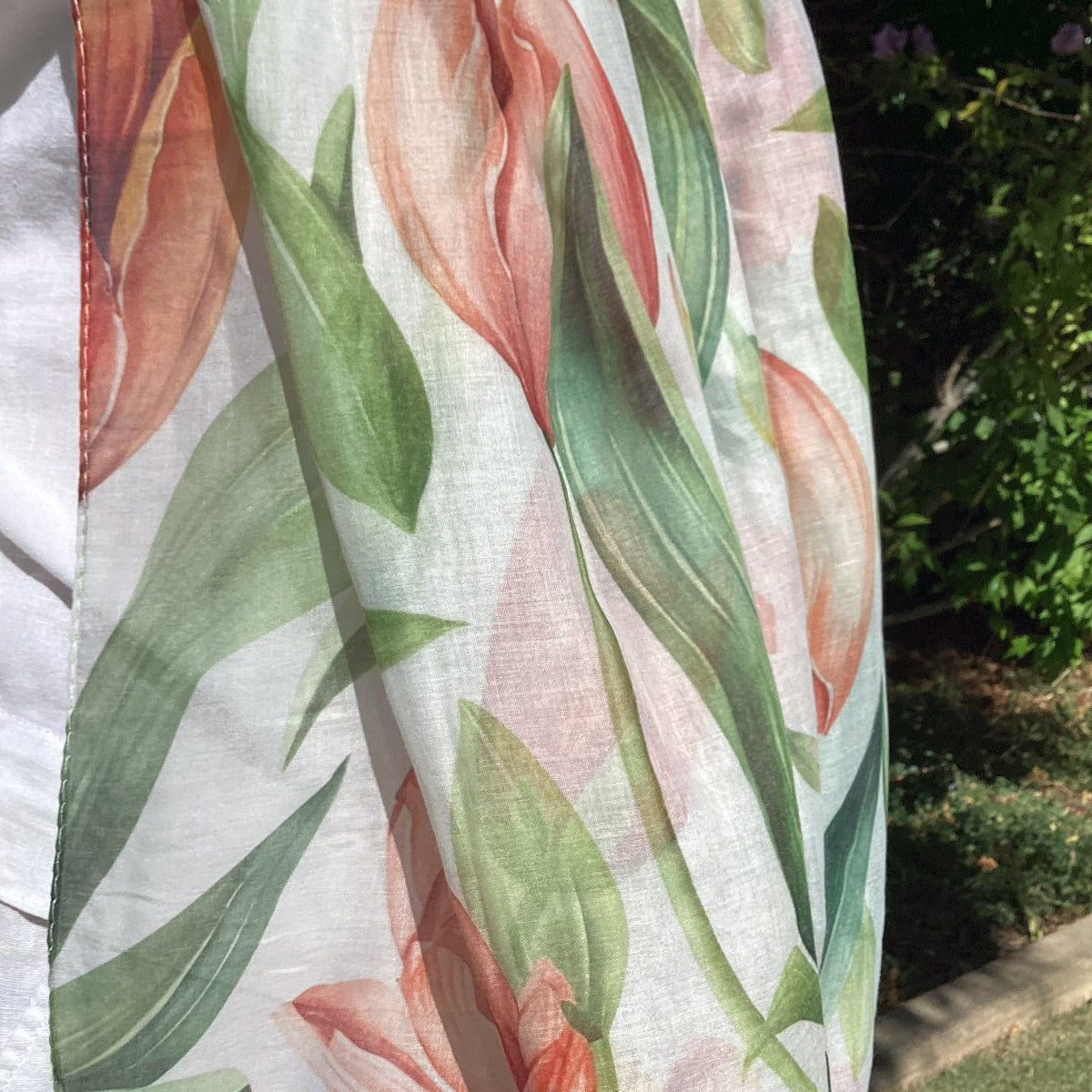 Ladies scarf with tulip pattern on a white background