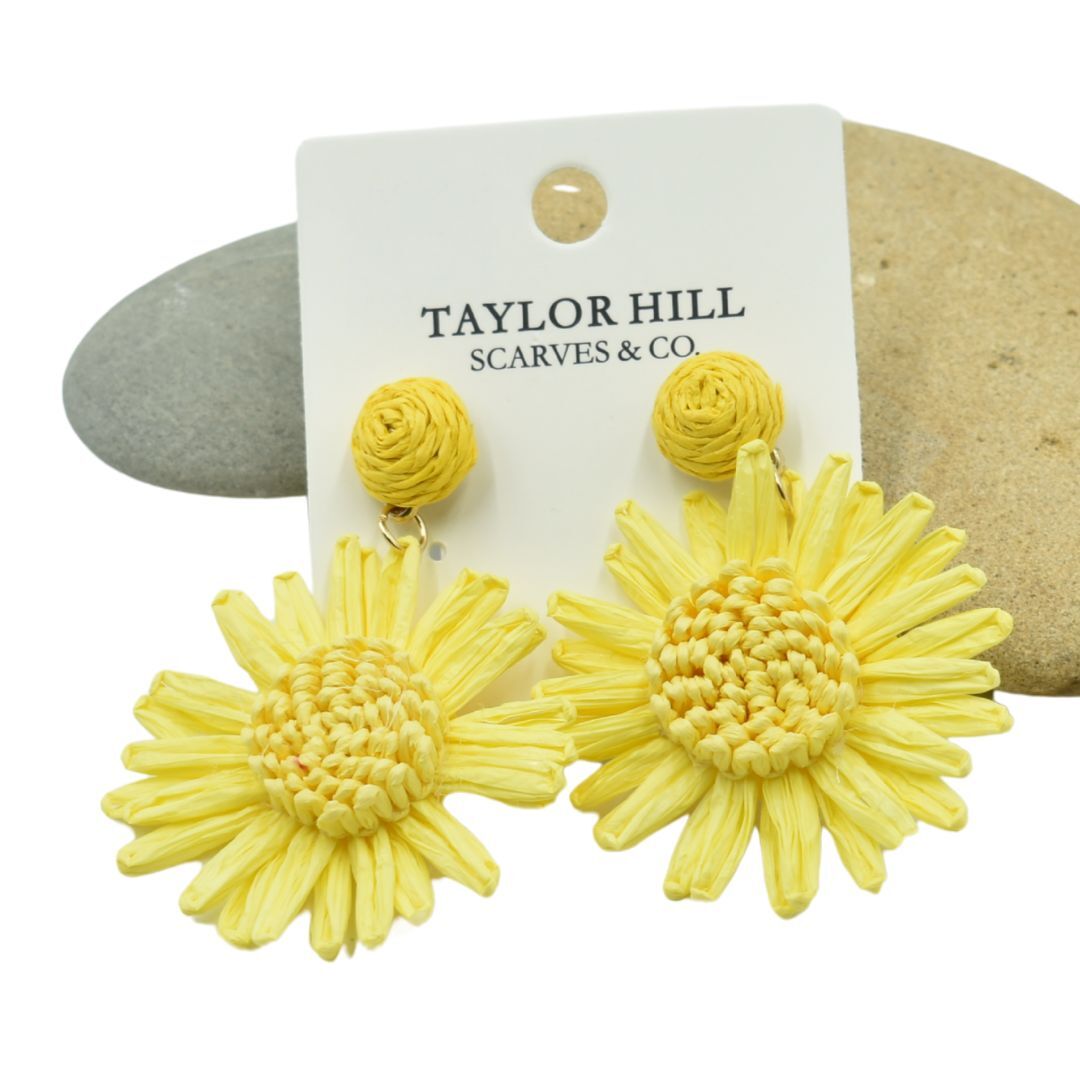 Ladies Yellow Flower Raffia Drop Earrings
