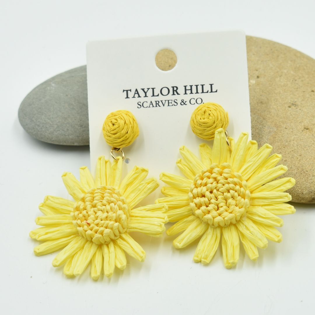 Ladies Yellow Flower Raffia Drop Earrings