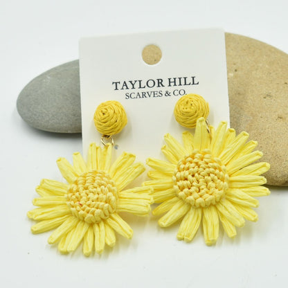 Ladies Yellow Flower Raffia Drop Earrings