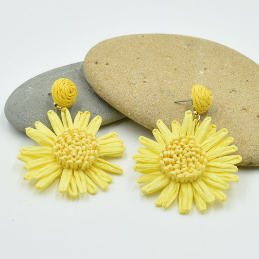 Ladies Yellow Flower Raffia Drop Earrings