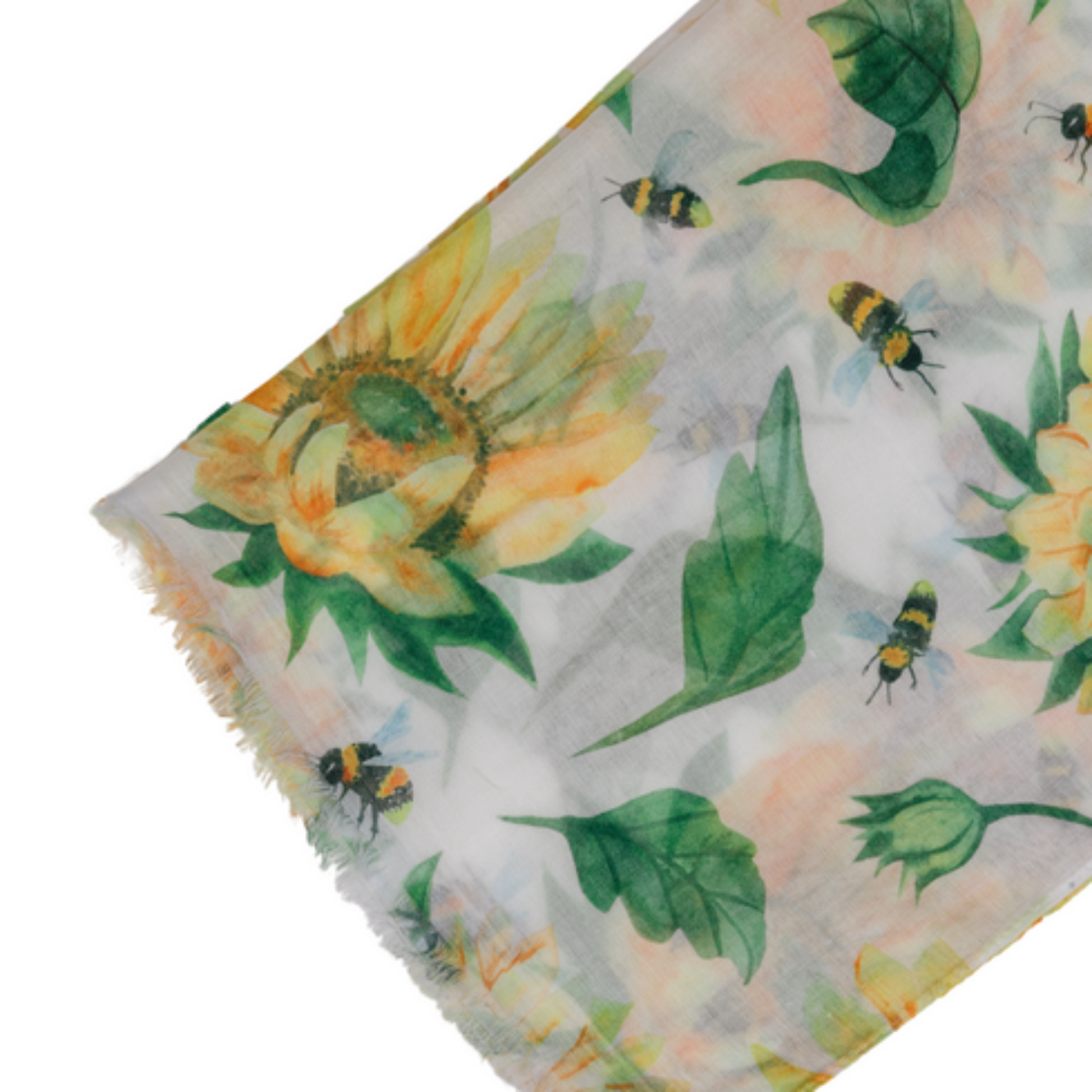 a bright yellow sunflower scarf with yellow bumble bees and green leaves