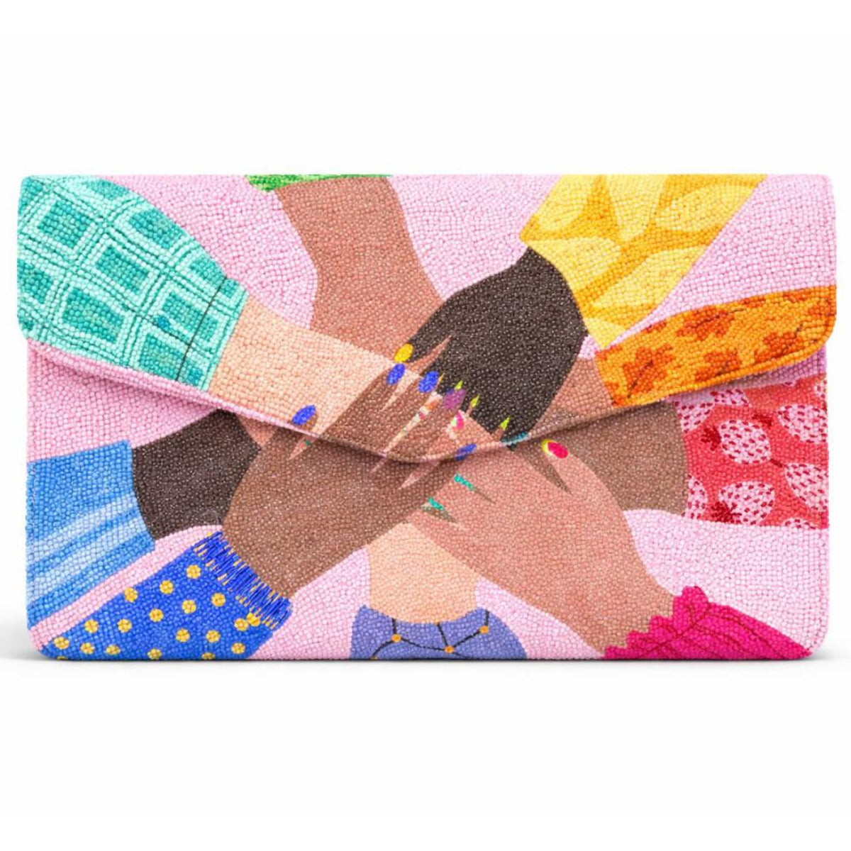 Colorful clutch with patterned design on a white background