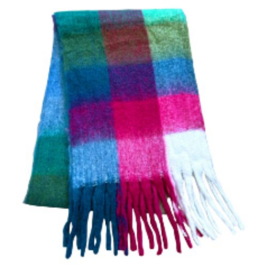Multicolored plaid scarf with fringes on a white background