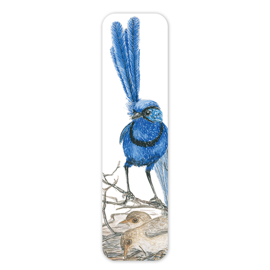 a paper bookmark that has a gorgeous blue wren - printed from an original painting by artist Phillippa Nikulinsky