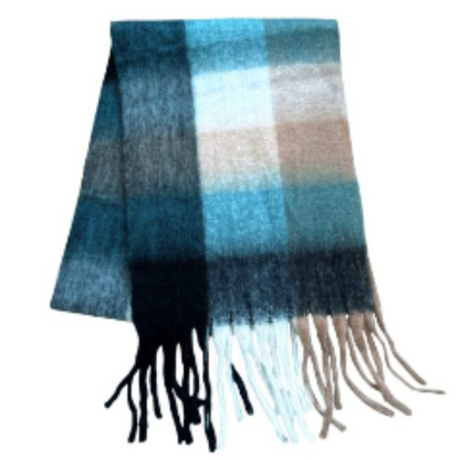 Plaid scarf with fringes in blue, black, and beige on a white background