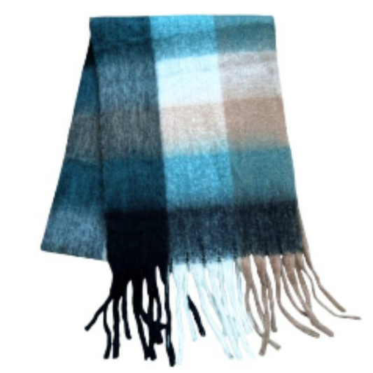 Plaid scarf with fringes in blue, black, and beige on a white background