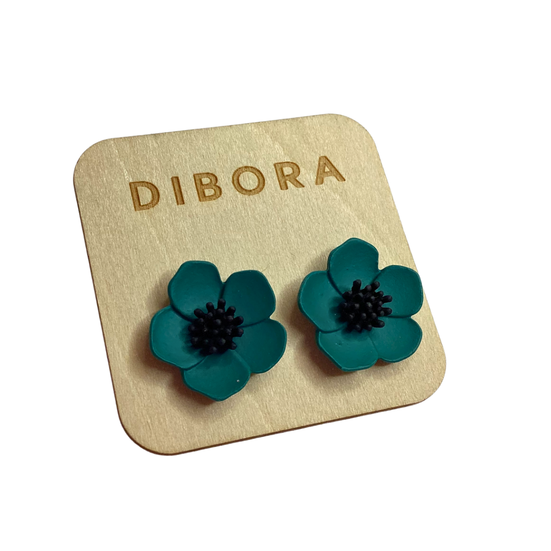 Teal Green Flower Stud Earrings