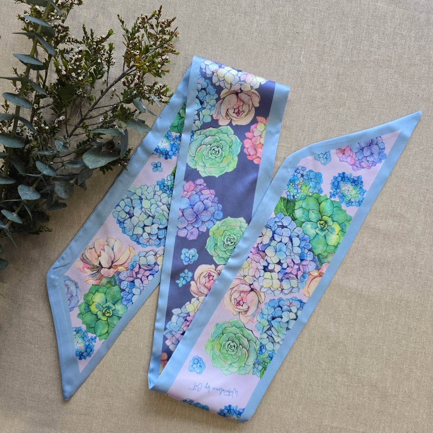 Blue Hydrangea Floral Twilly Scarf