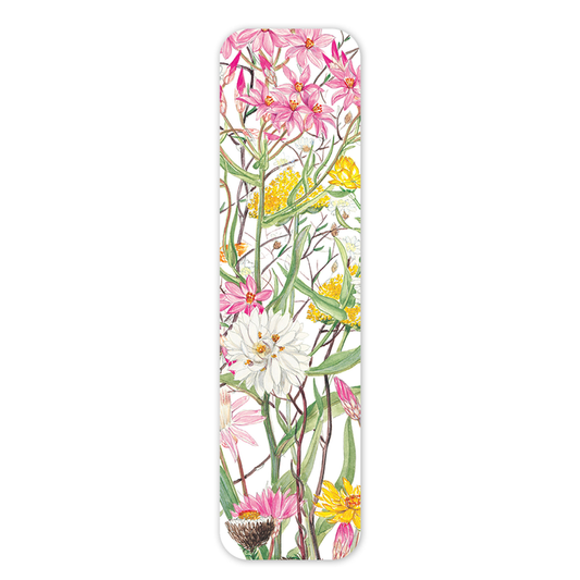 a paper bookmark that has a pretty floral pattern of everlasting daisy flowers that are native to WA